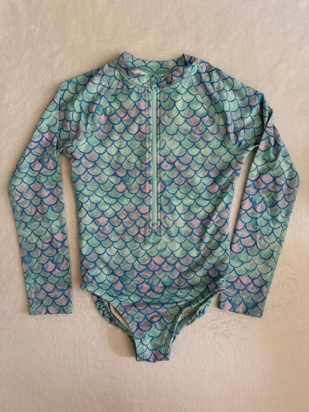 Wonder Nation | Mermaid Scale Zip Front LS Rashguard Swimsuit UPF 50 (M 7-8)
